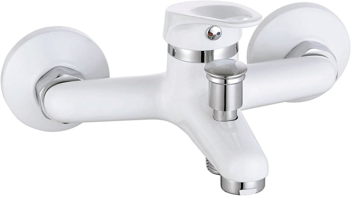 Wannenfüllarmatur Athen, Badewannenarmatur, Einhebelmischer mit Umsteller, Weiß-Chrom