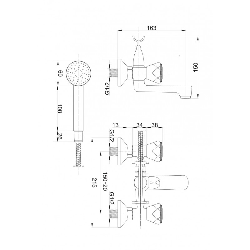 Wannenmischer Wannenarmatur Wannenbatterie, Retro Design, Wasserhahn mit Brauseset, Zweigriffmischer, Chrom