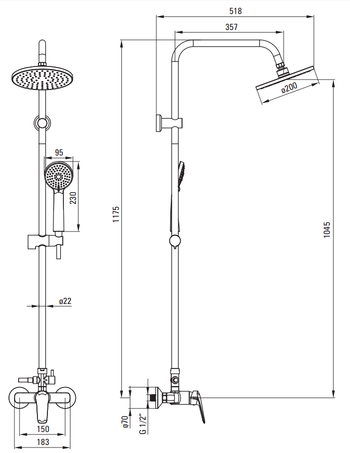 Duschset BORO Überkopfbrause mit Brausearmatur Duschsäule Regendusche Schwarz