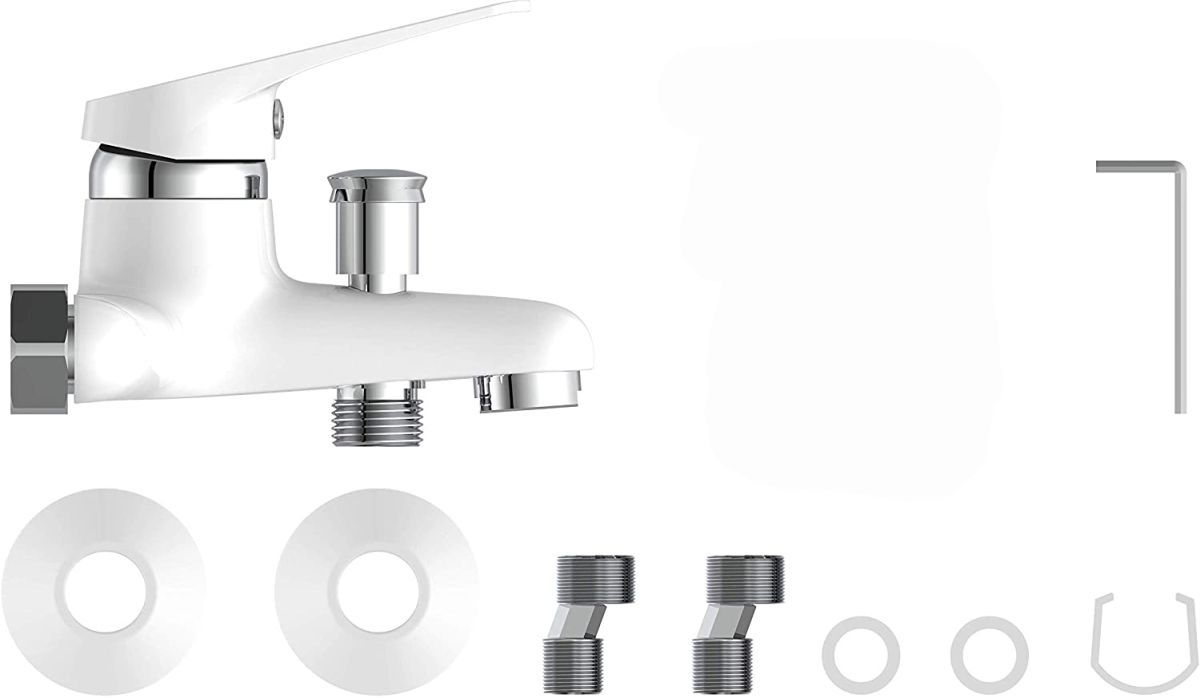 Wannenfüllarmatur Athen, Badewannenarmatur, Einhebelmischer mit Umsteller, Weiß-Chrom