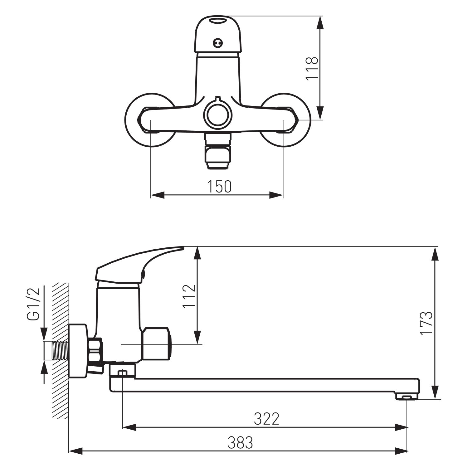 Wannen-/Waschbecken-Armatur zur Wandmontage mit Brauseanschluss extra langer 350 mm Auslauf
