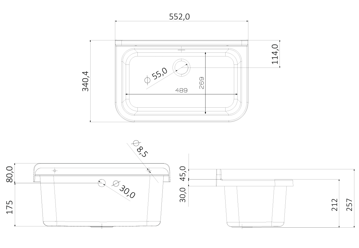 Ausgussbecken GRAU 55, Kunststoff Spülbecken Waschtrog Becken mit Ablaufgarnitur 55x34x21cm